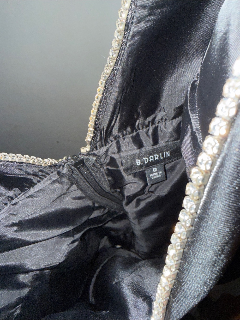 B Darlin Black Satin Mini Dress with Crystal Trim - Picture 5 of 5